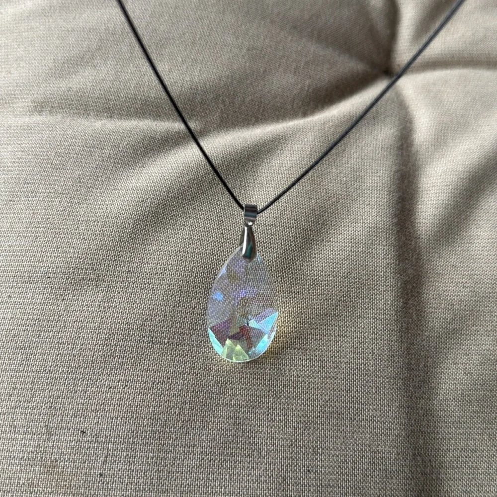 Elegant Multicolored Prism Crystal Teardrop Pendant 20” Necklace with black cord